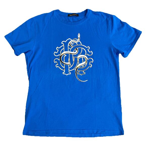 Roberto Cavalli Men Logo Crewneck Graphic T Shirt Tee Blue Snake Short Sleeve M - Picture 1 of 6